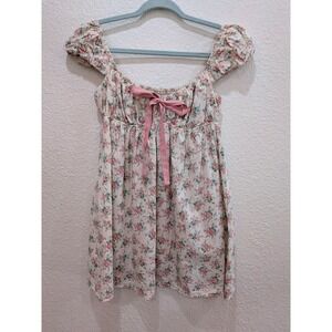 Storia Floral Babydoll Dress M Cream Pink Rose Cottagecore Smocked Coquette